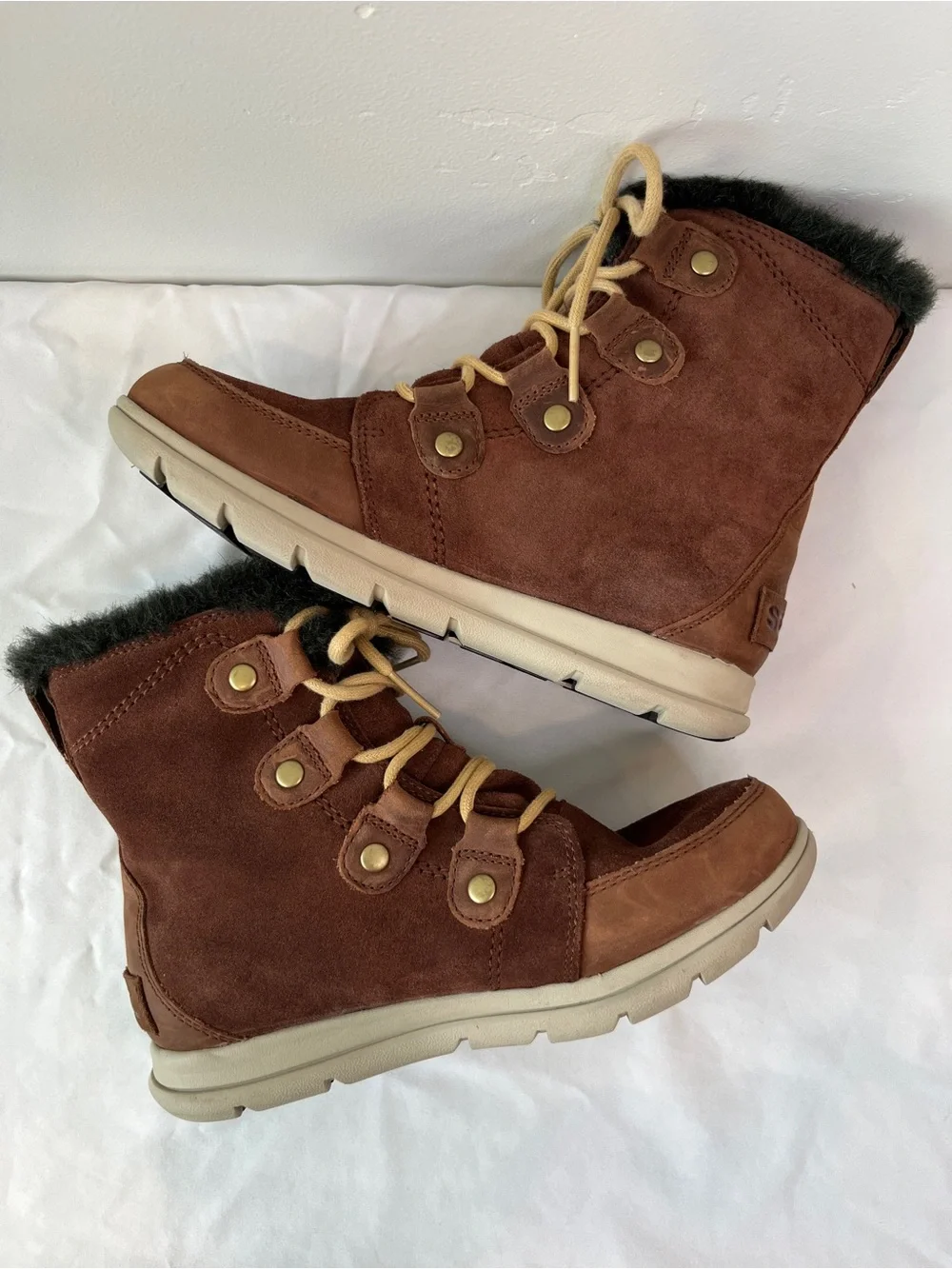 Sorel Explorer Joan Waterproof Suede Winter Boots Burro Brown Womens Size 8 NL30